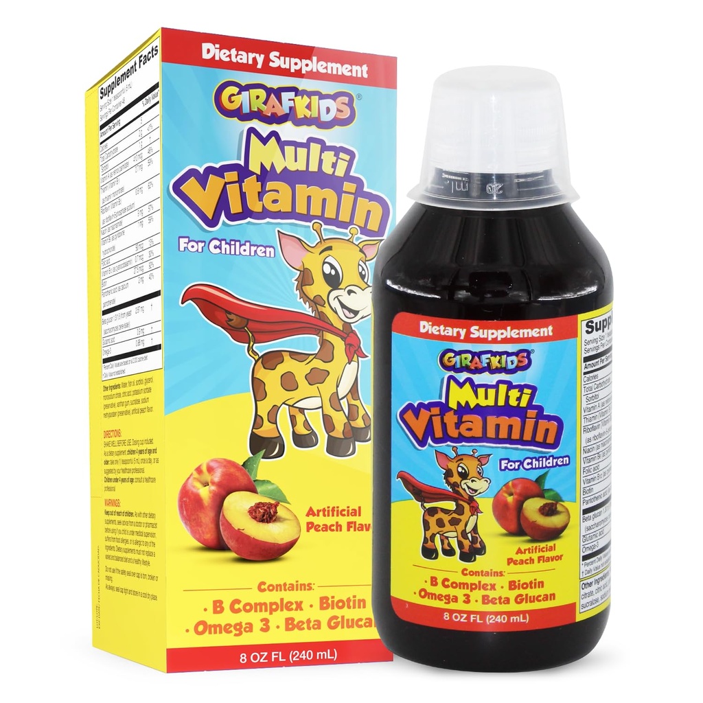 GirafKids Liquid Multivitamin for Kids Ages 4+, 8oz - Biotin, 비타민 A, B Complex, Folic Acid, Omega-3 & Beta Glucan - 아이 성장과 에너지를위한 다이어트 보충