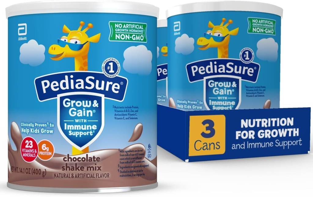 PediaSure는 Immune 지원 Shake 혼합 분말, 23 비타민 & 무기물, 6g 단백질, 비 GMO, 글루텐 자유로운, 초콜렛, 14.1 oz 깡통, 3-24 서빙의 팩을 가진 성장하고 & 이익