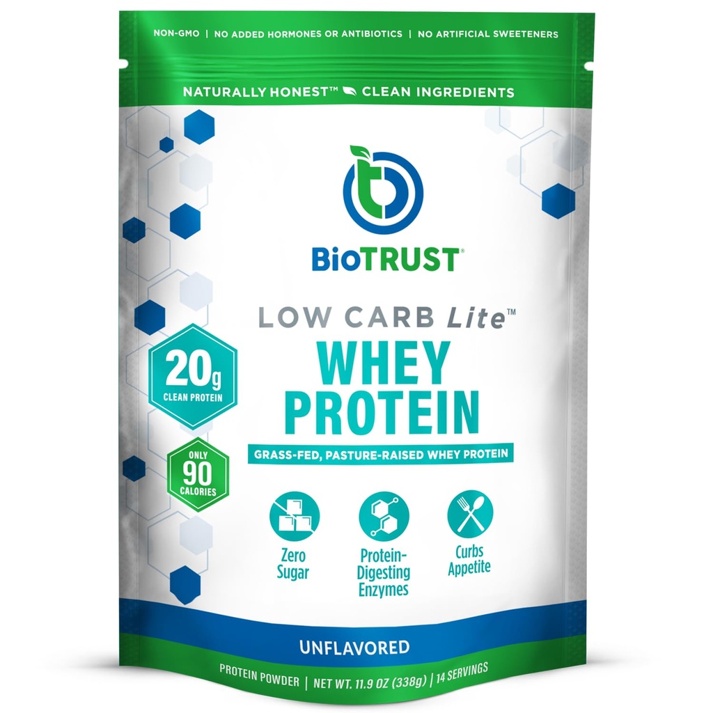 BioTrust 낮은 Carb Lite, 낮은 Calorie 단백질 분말 – 낮은 Carb, 설탕 무료, 낮은 나트륨, Keto Protein Powder – 20g Grass-Fed Whey Protein Isolate with Digestive Enzymes – Unflavored, 14 서빙