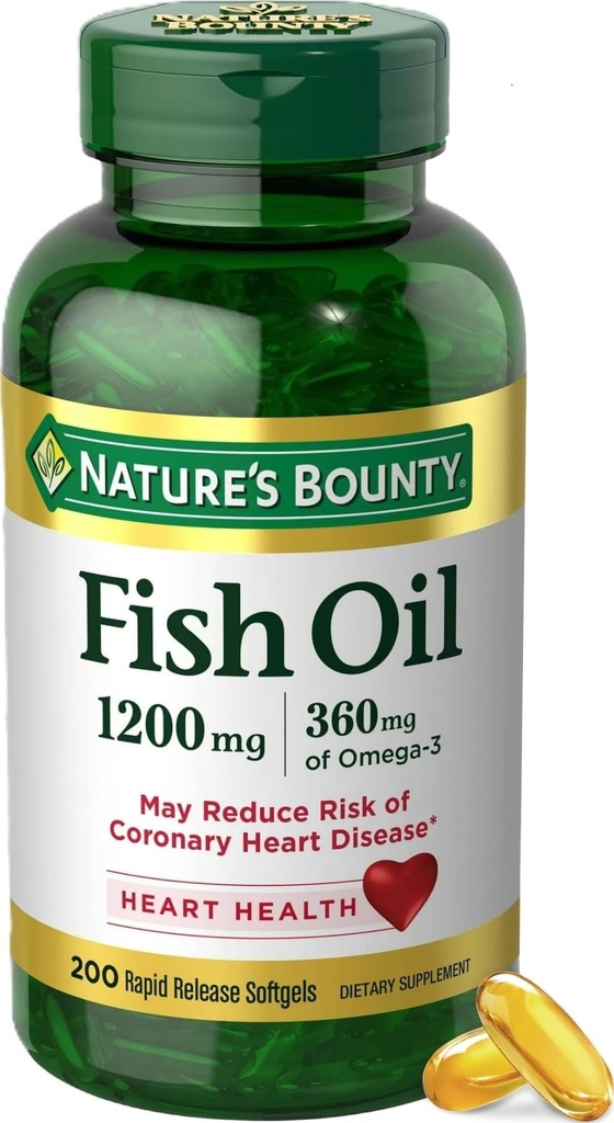 Nature 's Bounty Fish Oil Omega 3 보충제 - 심장 건강, 1200 Mg Fish Oil, Omega-3, 200 Softgels (팩 1) 지원