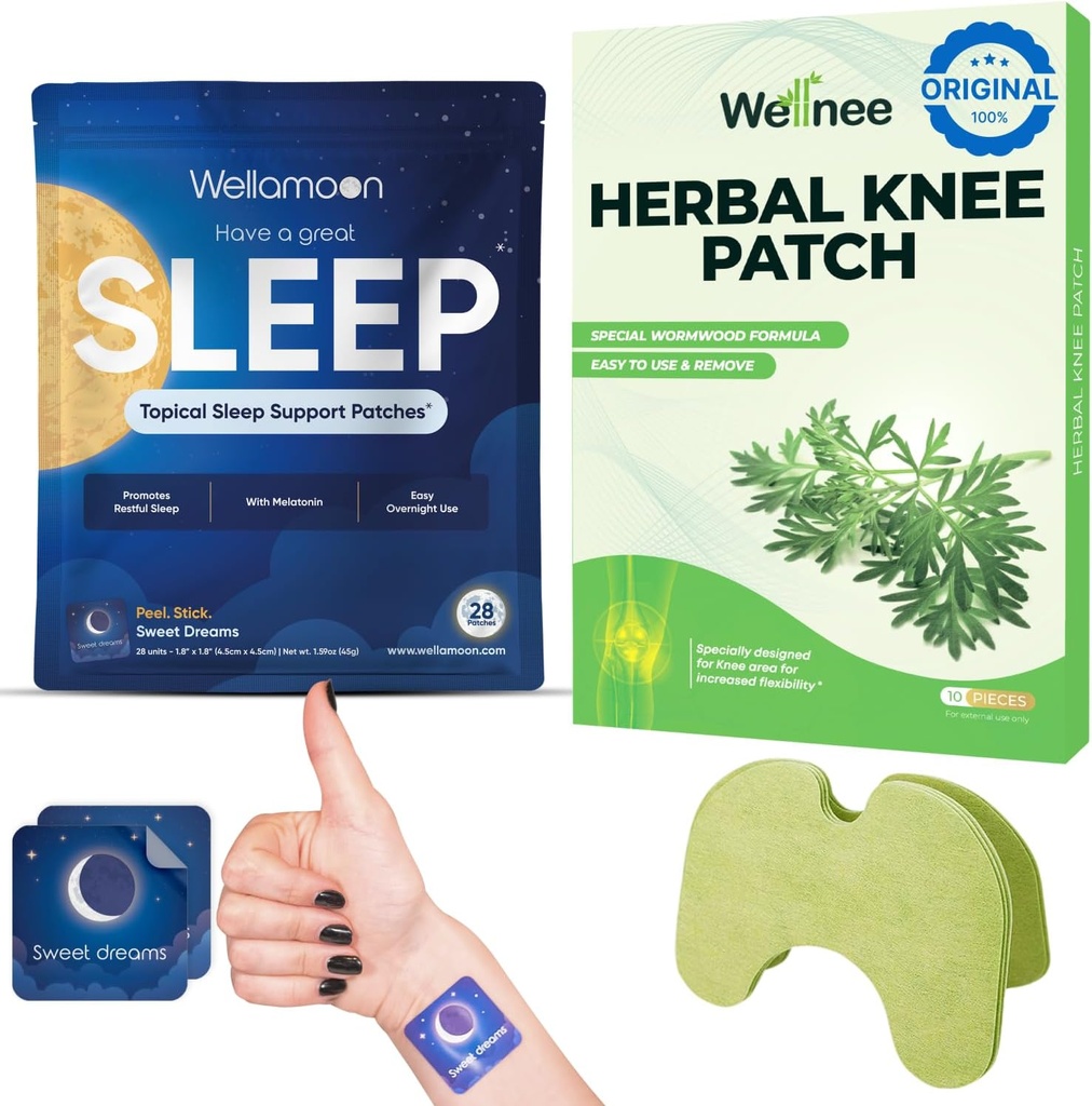 Wellnee & Wellamoon Wellness Pack : 초본 무릎 안락 패치 (10 개) 및 천연 수면 지원 패치 (28 개) - 식물 기반 수면 보조와 관절 및 근육 컴포트