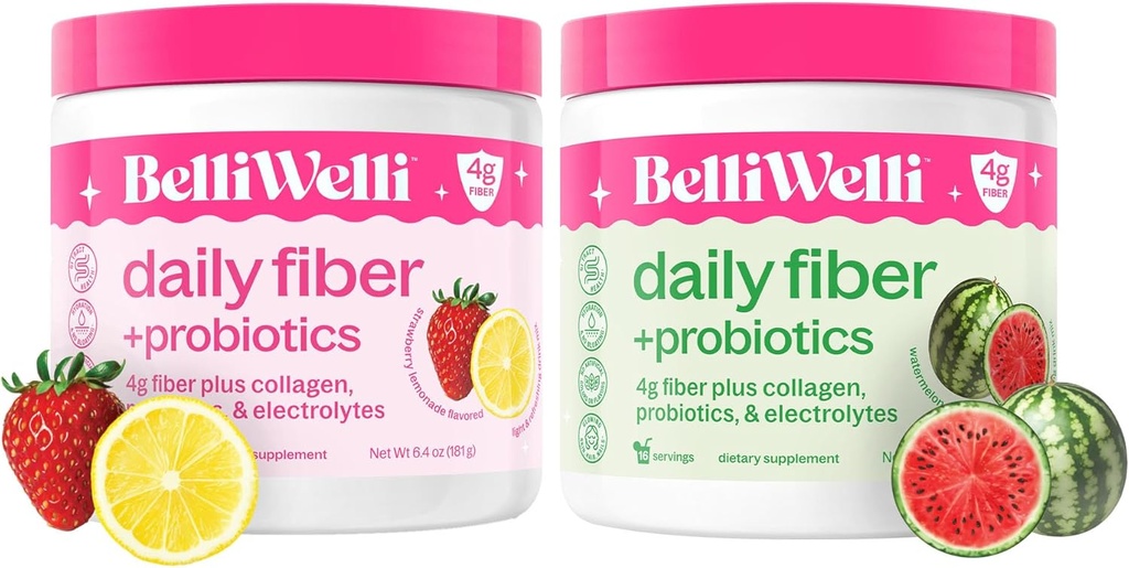 Belli Welli 매일 섬유 보충교재 뭉치 - 딸기 Lemonade & Watermelon - 교원질, 균형 잡힌 웰니스를 위한 Probiotics & Electrolytes - 상쾌한 풍미, 32의 서빙 합계