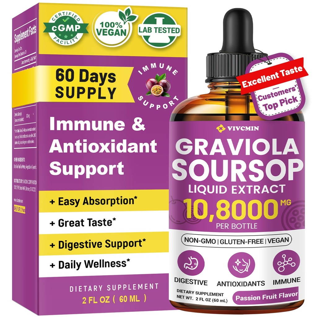 Graviola Soursop 잎 추출물 액체 - Soursop Bitters 액체, Immune, Relax, Liver 및 Sleep, Sugar & Alcohol-Free, 높게 흡수성 공식, 열정 과일 풍미, 2 Fl Oz
