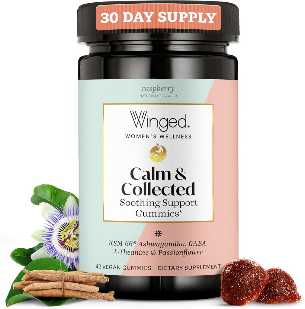 Winged Wellness Calm & Collected, 스트레스 완화 Gummies - KSM-66 Ashwagandha, L-Theanine, GABA & Passionflower - Vegan & Gluten-Free Gummy - 라즈베리, 42 카운트와 스트레스 지원 보충