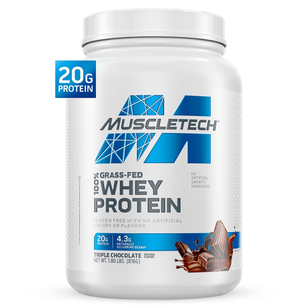 Muscletech Grass-Fed Whey Protein Powder (Triple Chocolate, 1.8LB) - Whey Protein Smoothie & Milk Shake Mix 지원 근육 이익 및 회복 - 여성 및 남성을위한 Whey Protein 20g - Non-GMO, 글루텐 프리