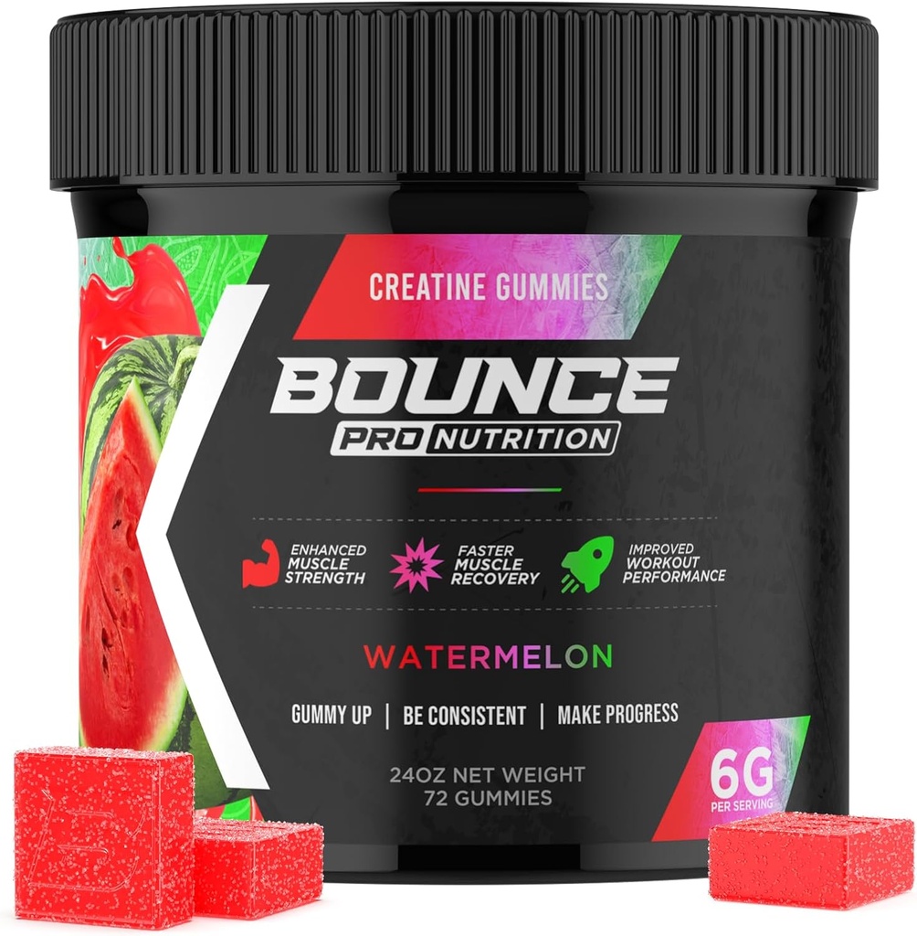 Men & Women, Low Calorie, 서빙 당 Creatine의 6G, Vegan, Anti-Melting, Gluten-Free, Non-GMO, Gummy (72ct, Watermelon) 당 Creatine의 2g에 대한 Bounce Pro Creatine Monohydrate Gummies