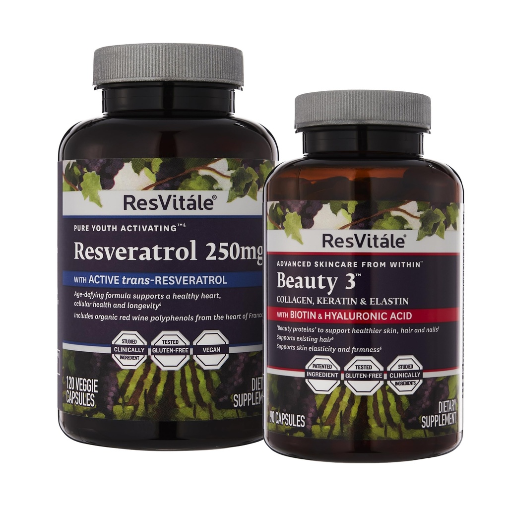 ResVitale Beauty 3 - Collagen, Keratin & Elastin과 피부 관리 보충 - 90 캡슐 & Resveratrol 250 mg - 남성과 여성을위한 Resveratrol 보충 - 120 Veggie 캡슐