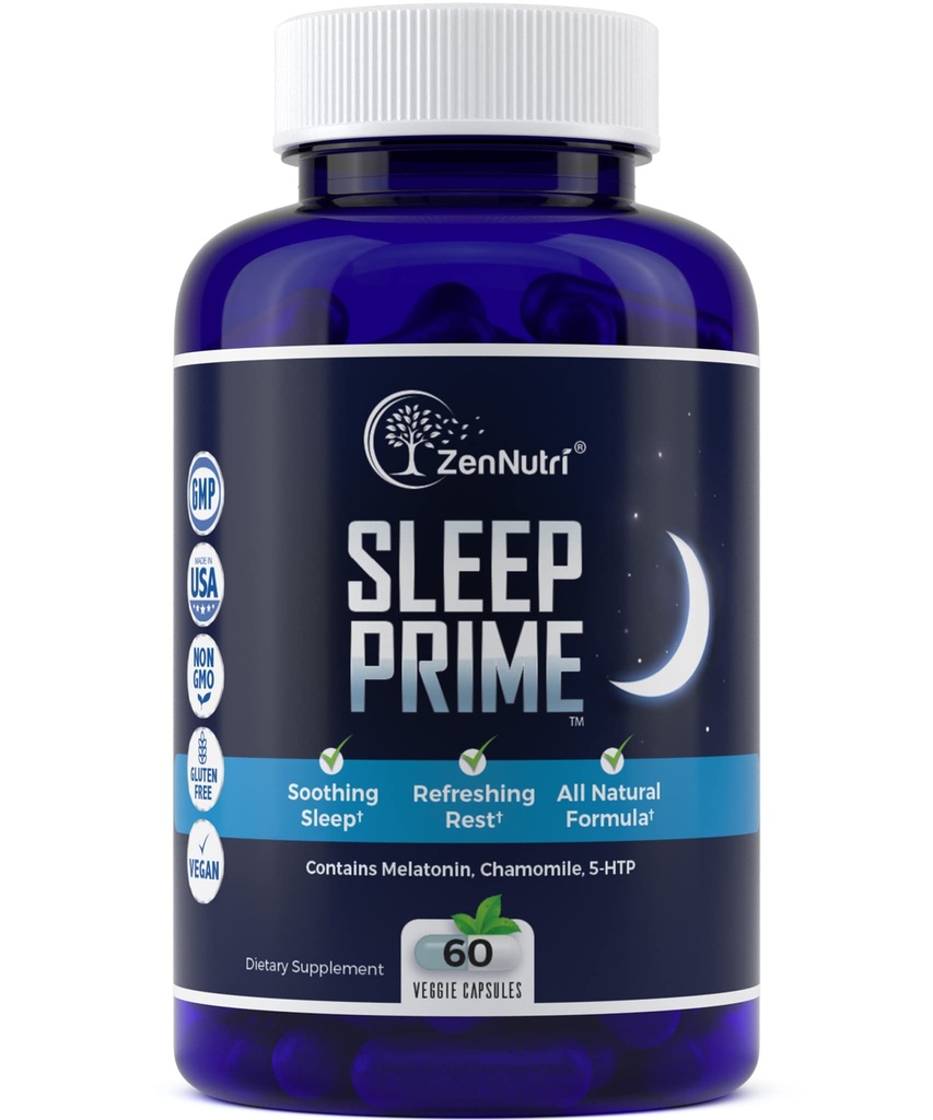 Sleep Prime Vegan Natural Sleep Aid for Adult Extra Strength - 깊은 수면 보충 - 초본 수면 알약 - 스트레스 완화 - Melatonin, GABA - 60 Veggie 모자