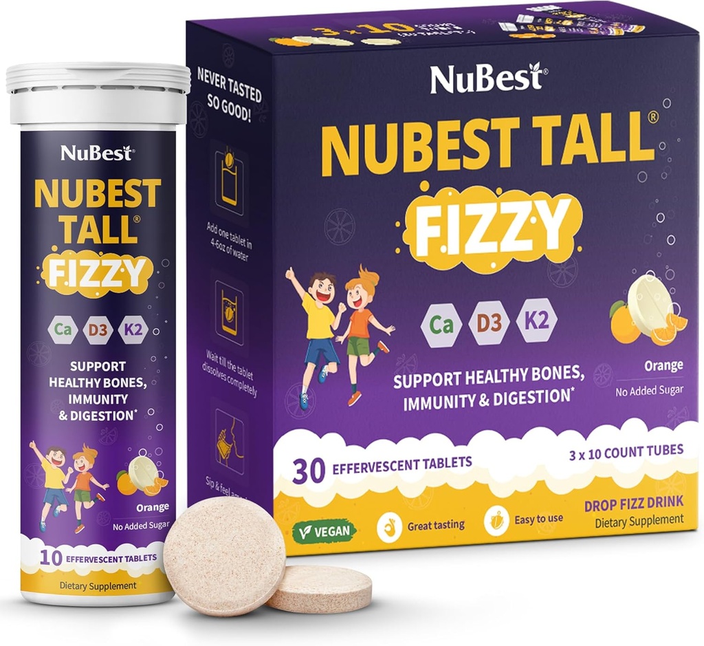 NuBest Tall Fizzy - Bone Strength, Immunity, Digestive Health for Kids Age 4+ & Teens | 프로바이오틱스, 칼슘, 레드 마린 조류, 비타민의 마그네슘 | 30 오렌지 Effervescent Tablets | Pack 3