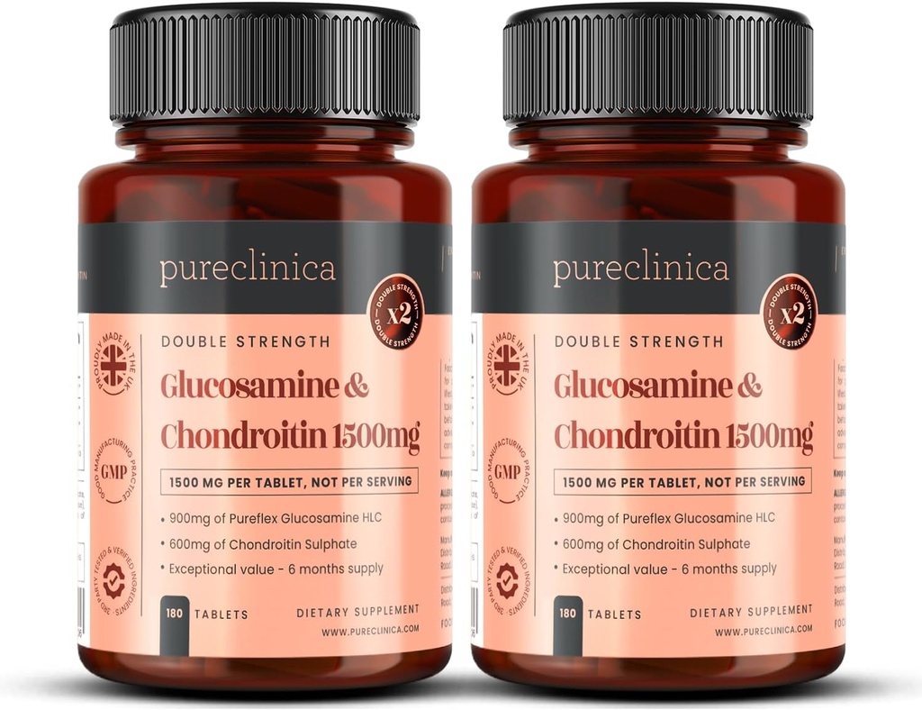 Pureclinica 1500mg 글루코사민 HLC 및 Chondroitin x 360 정제 (2 병 180) - 12 개월 공급. 가장 효과적인 생물 활성: Chondroitin 90%, 글루코사민 HCL 83.1%