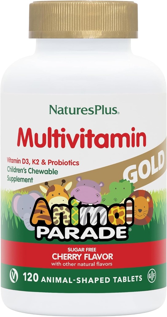 NaturesPlus Animal Parade Gold Children's Chewable Multivitamin - 자연 체리 맛 - 120 동물 모양의 태블릿, 2 팩 - 비타민 D3, K2 및 Probiotics - 120 총 서빙