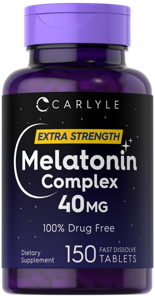 Carlyle Melatonin 40mg Complex | 150 빠른 용해 정제 | 추가 강도 지원 | Ashwagandha 및 Chamomile | 채식주의, 비 GMO, 글루텐 무료 보충