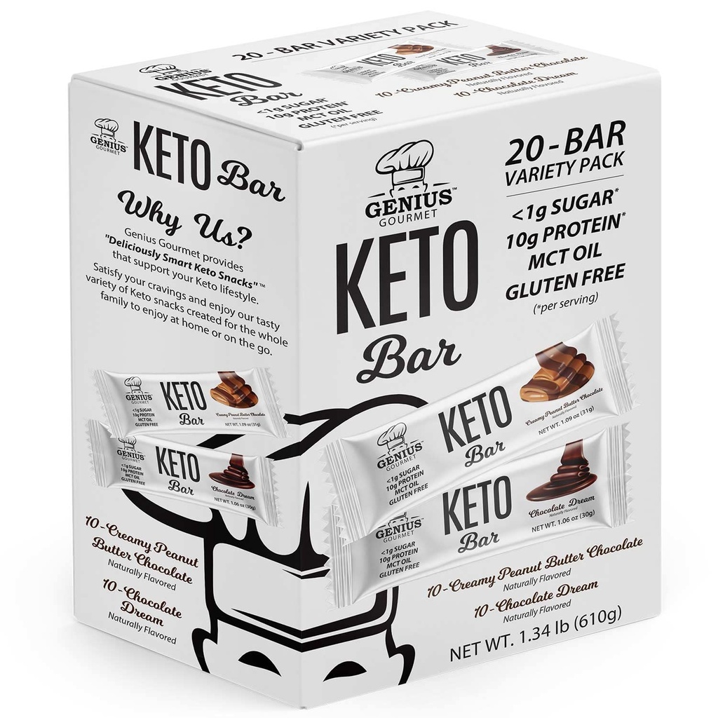 Genius Gourmet Gluten 무료 Keto Protein Bar, 초콜렛 Keto Bar, 프리미엄 MCT, 낮은 Carb, 낮은 Sugar (Variety Pack, 20 개)