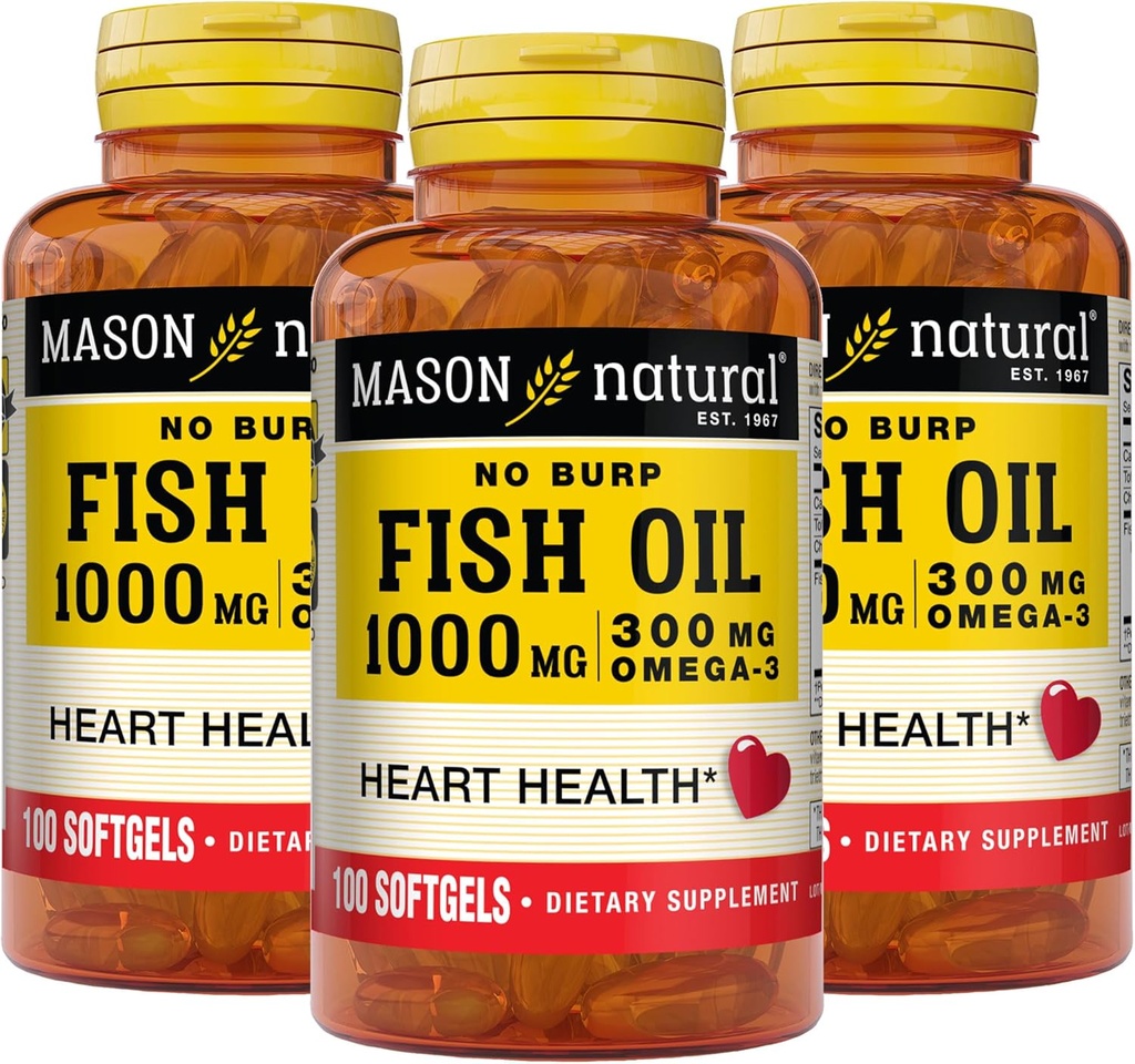 Mason 자연적인 Burp 물고기 기름 1000 mg Omega, 3 300 mg의 지원 정상적인 심장 건강, 100 Softgels (포장 3)
