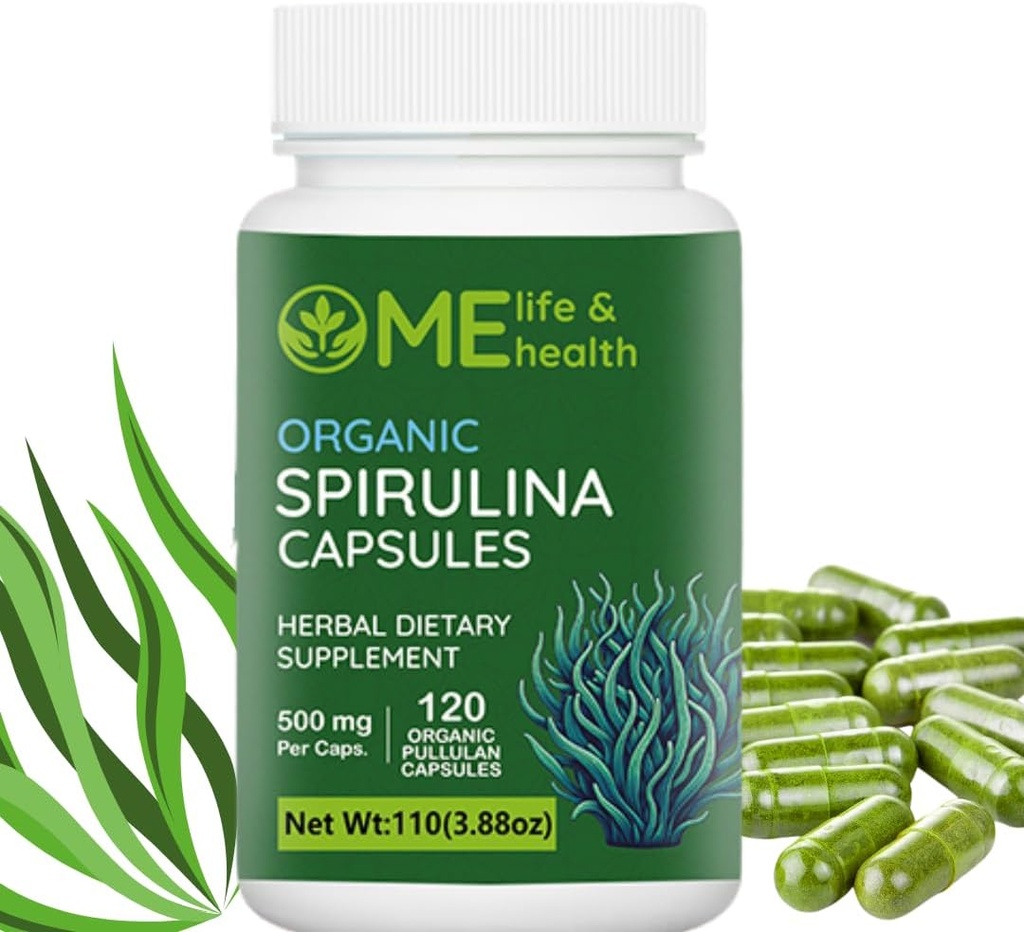 ME 생활 & 건강 Spirulina 캡슐, 100% 유기 spirulina 분말 (120 ct) 단백질, 비타민 A, B12 산화 방지제 & 비타민, Vegan, 자연 적이고 및 순수한 spirulina 비 GMO & 글루텐 자유로운에 있는 500mg 부유한