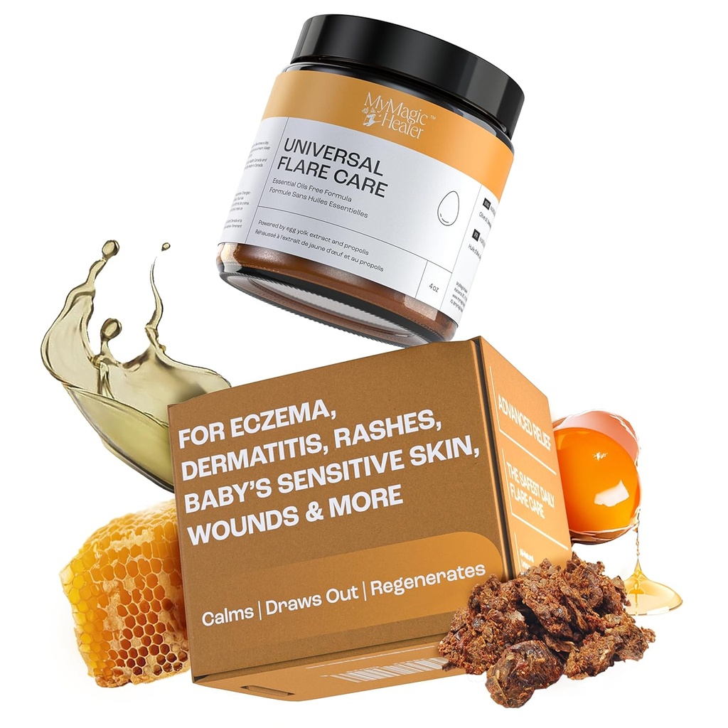 MyMagicHealer 유니버설 플레어 케어 | 에센셜 오일 프리 | 뾰루지, 에czema, Psoriasis, Hidradenitis Suppurativa, Impetigo, Dermatitis, Wound Care, Sensitive Skin w/Propolis & Egg Yolk 4 oz의 구호