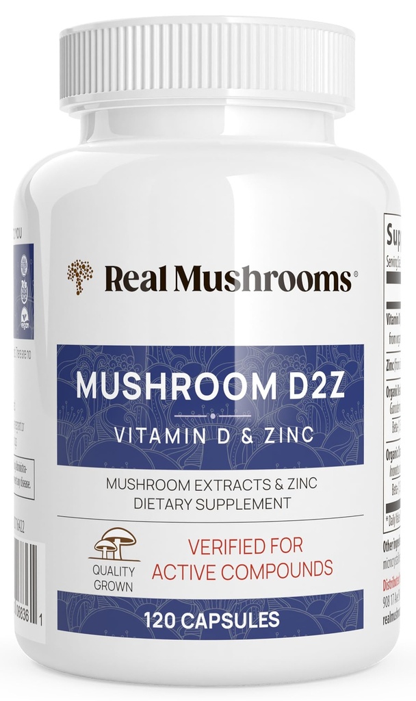 Real Mushrooms 아연 및 비타민 D2 캡슐 - 유기 Chaga 및 Reishi 버섯 추출물 - 전반적인 웰빙 지원을위한 비타민 - Vegan, Non-GMO, 글루텐 - 무료 - 120 카운트 버섯 보충