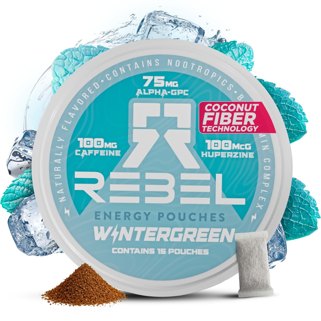 Nootropic 에너지 카페인 주머니 • 100mg 카페인 • 알파 GPC • Huperzine A & Essential Vitamin • Sugar-Free • 코코넛 섬유 기술 • Wintergreen 풍미 • 캔 당 15 파우치 (1)