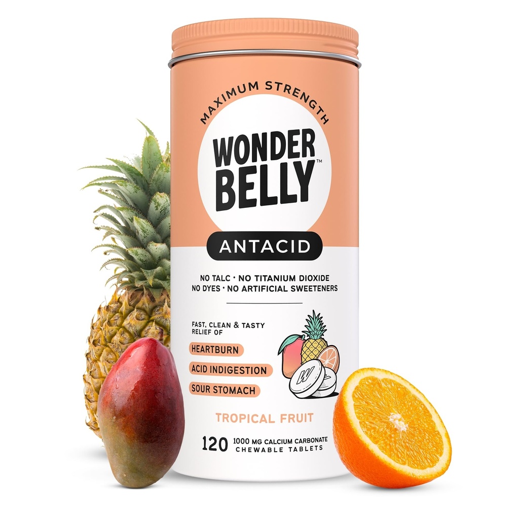 Wonderbelly Antacid, 효과적인 Heartburn 및 즉시 산 Indigestion 구호, 여분 힘 Chewable 정제, 1000 mg 칼슘 탄산염, Talc 또는 염료, 열성 과일, 120 조사