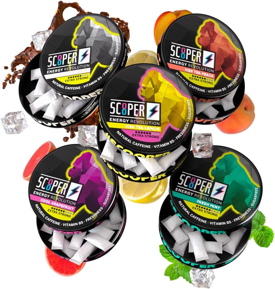 Scooper 에너지 I 5개의 깡통 I 올인원 상자 I 에너지 파우치 Sugarfree I 80 mg 자연적인 카페인 모든 풍미 팩 I 12 주머니 I 차가운 자몽, 신선한 민트, 아이스 콜라, 아이스 복숭아 & 레몬 차