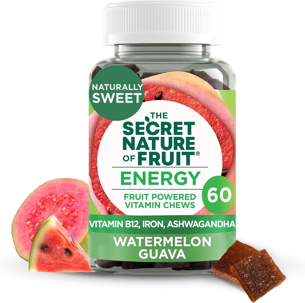 Fruit Energy Chews의 비밀 자연, Real Fruit Powered Vitamin Chews with Vitamin B12, Iron, Ashwagandha, Watermelon & Guava for Long Lasting Energy (60 카운트), 핑크
