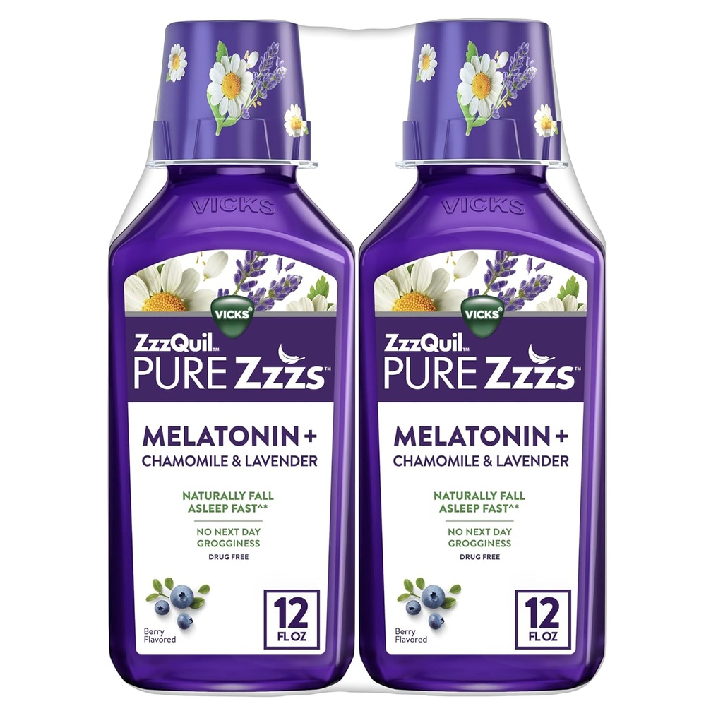 ZzzQuil 순수한 Zzzs Melatonin 액체, 잠 원조, Chamomile & Lavender와 더불어 액체 Melatonin 2mg, 가을 Asleep는, 성인을 위한 Melatonin 잠 원조, 베리 맛, 2 팩, 24 FL OZ를 잠급니다