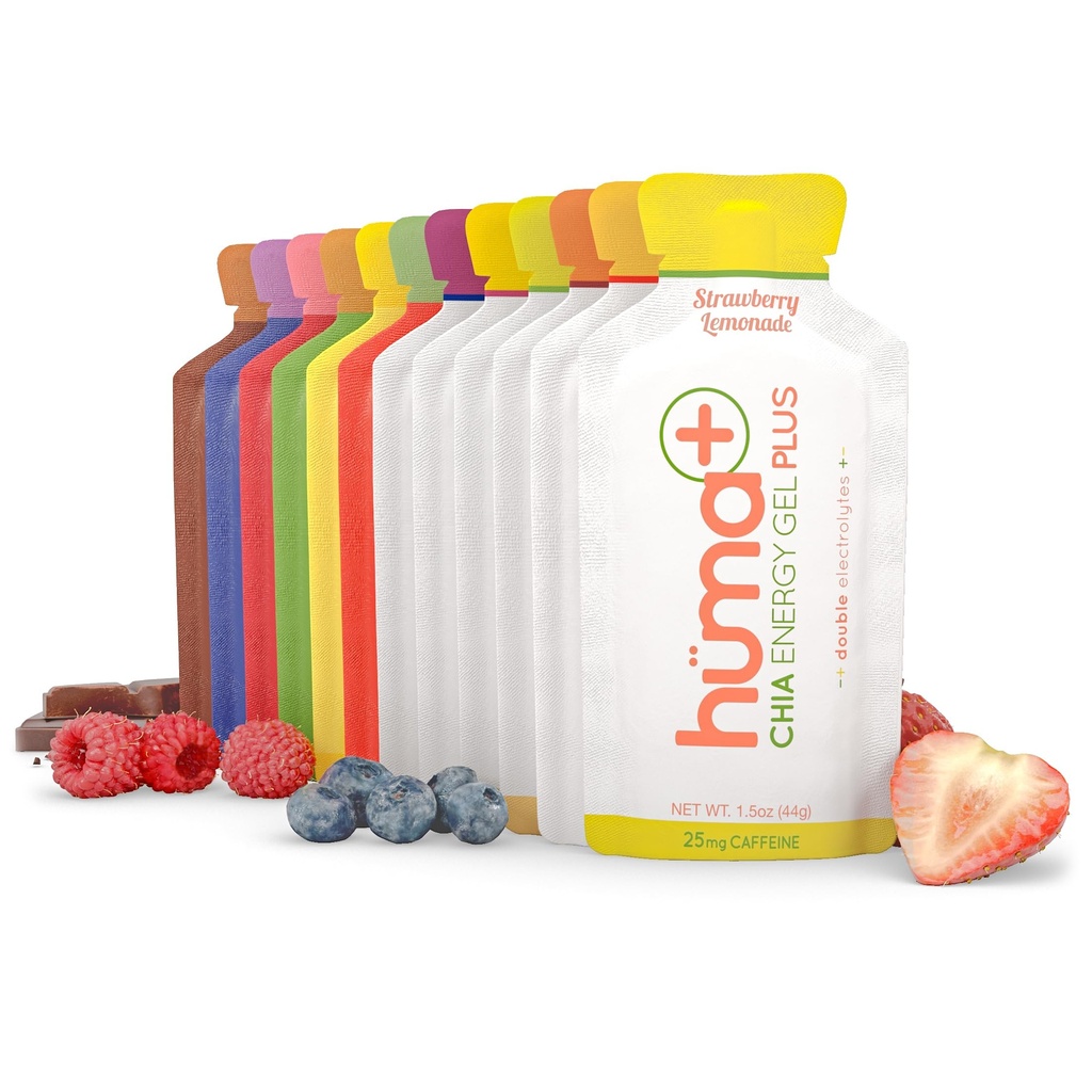 Huma Plus (Double Electrolytes) Chia Energy Gel, 다양성 팩 - Stomach Friendly, Real Food Energy Gels (6 Original 및 6 Plus Gels)