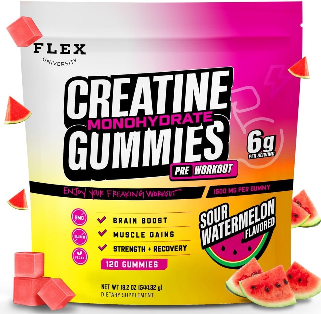 남성 여성 6g, Creatine Monohydrate Pre Post Workout Recovery Muscle Building Supplement Protein Chewables, Vegan Watermelon Creatina Gym Booty Growth Gains (120 Ct)