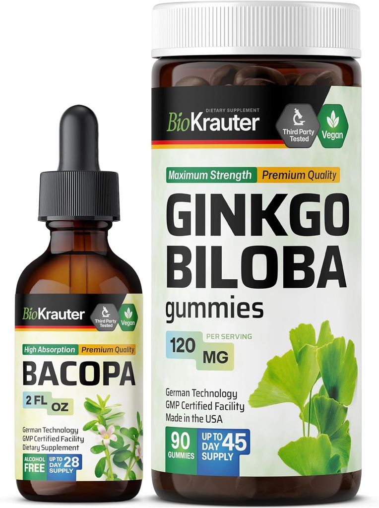BIO KRAUTER Bacopa Tincture 2 Fl. Oz. & 은행나무 Biloba 90 Gummies
