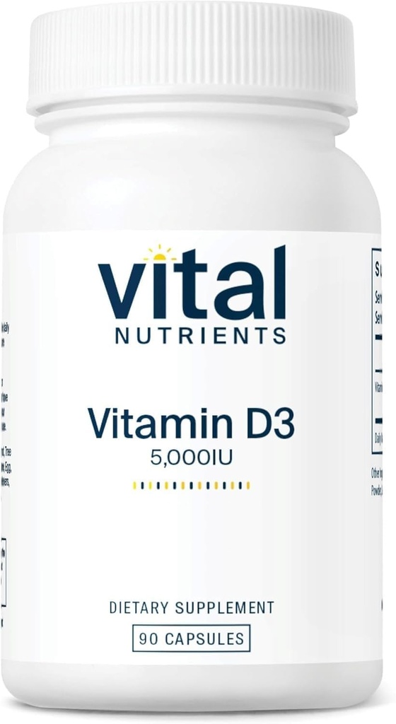 Vital Nutrients 비타민 D 5000 IU | 비타민 D3 보충 | 건강한 뼈, 치아, 근육   셀룰러 및 면역 기능 | 칼슘 흡수 | 글루텐, 낙농장 및 콩 무료 | 90 캡슐