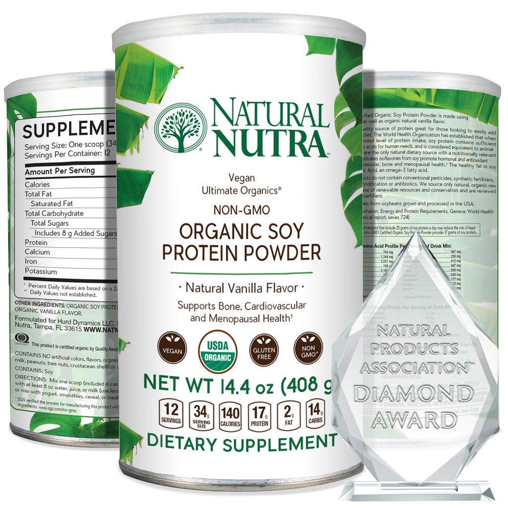 Natural Nutra Organic Vegan Plant 기반 Soy Protein Source Powder, 지원 Midlife Transition, 지원 뼈와 심장 혈관 건강 개선, 글루텐 무료, 비 GMO, 설탕 무료 14.4 OZ.