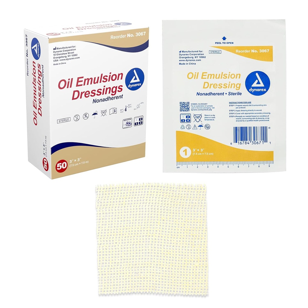 Dynarex Oil Emulsion Dressings, Wound Care, Absorbent, 3" x 3" 휘발유와 해바라기 오일, 50 오일 에멀젼 드레싱의 에멀젼 블렌드와 함께 스테일 니트 가제트 드레스