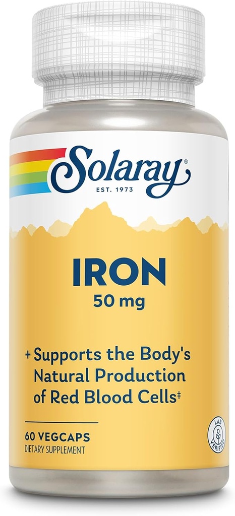 SOLARAY 철 캡슐 50mg - 여자와 남자 w/Parsley와 노란 선창 뿌리를 위한 철 보충교재는, 빨간 혈액 세포, 60 일 보증, 60의 서빙의 몸의 자연적인 생산을 지원합니다
