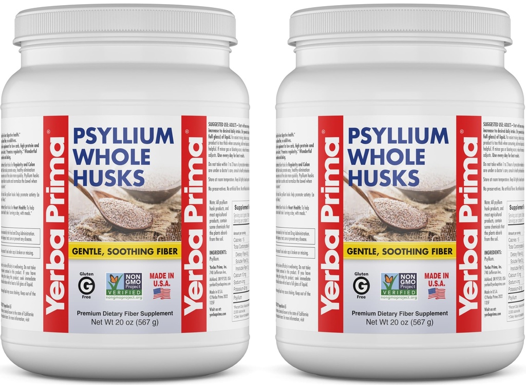 Yerba Prima Whole Psyllium Husk 섬유 보충 20 온스 (팩 2) - Vegan, 글루텐 무료, 비 GMO