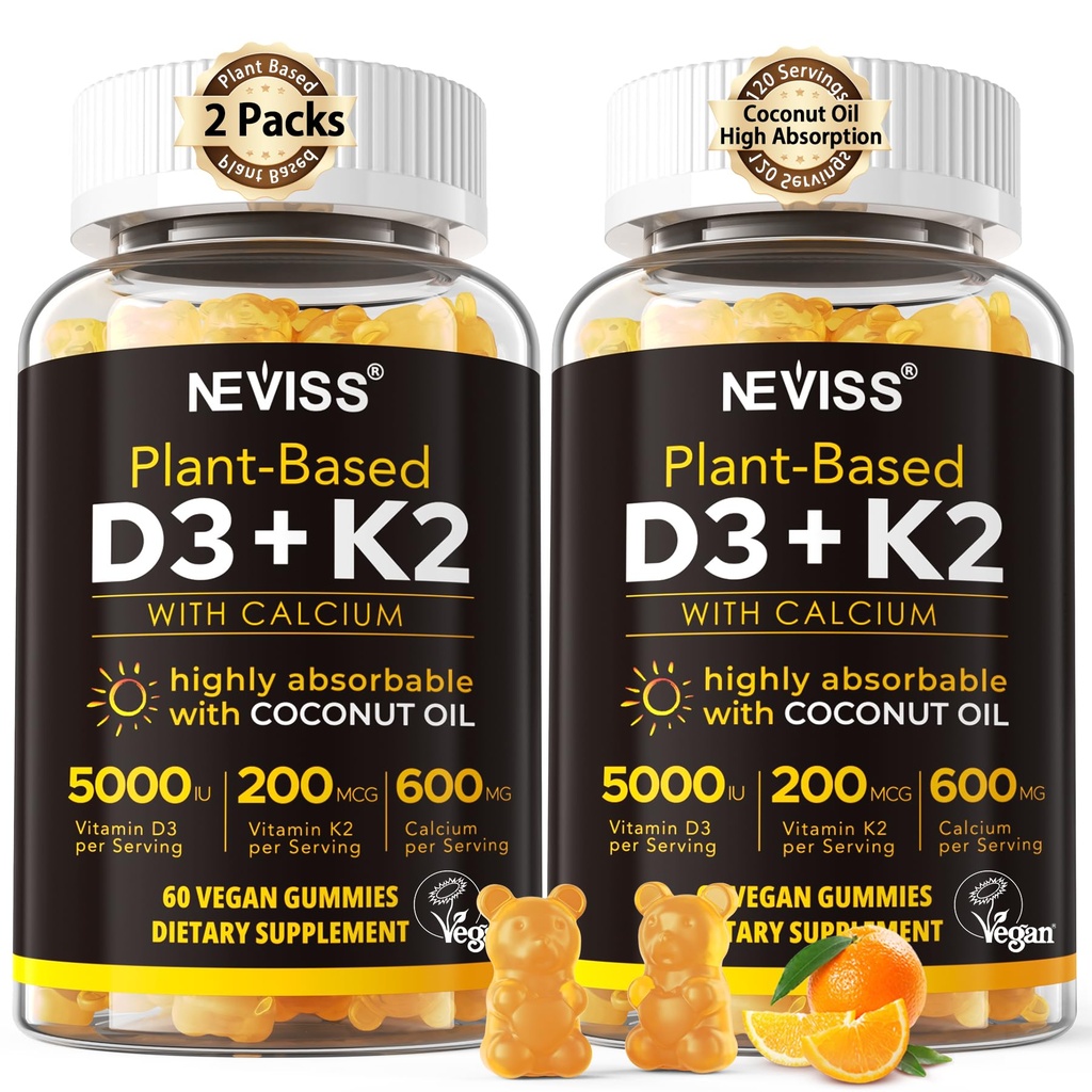 비타민 D3 5000iu & K2 (MK7로) 200mcg Gummies + 600mg 칼슘, 높은 흡수를 위한 야자열매 기름과 더불어, 최대 힘 비타민 D3 K2 보충교재 - 뼈 근육 치아 면역, Vegan 2Packs를 위한 지원