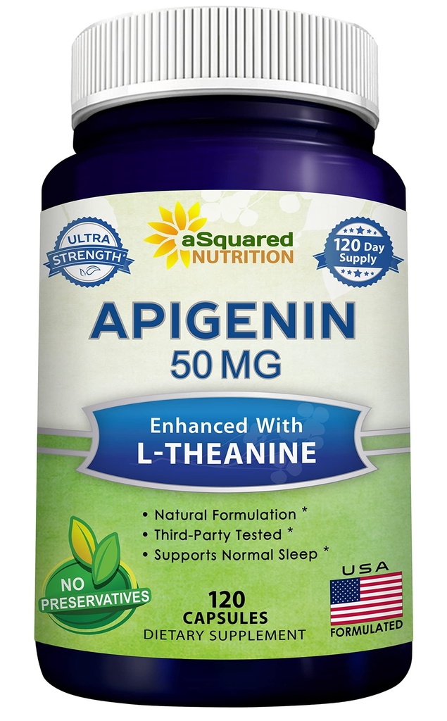 aSquared 영양 Apigenin 50mg & L-Theanine 200mg - 120 캡슐 - 수면과 휴식을위한 Apigenin 보충 알약 - Chamomile Tea에서 발견 된 천연 Bioflavonoid 추출물