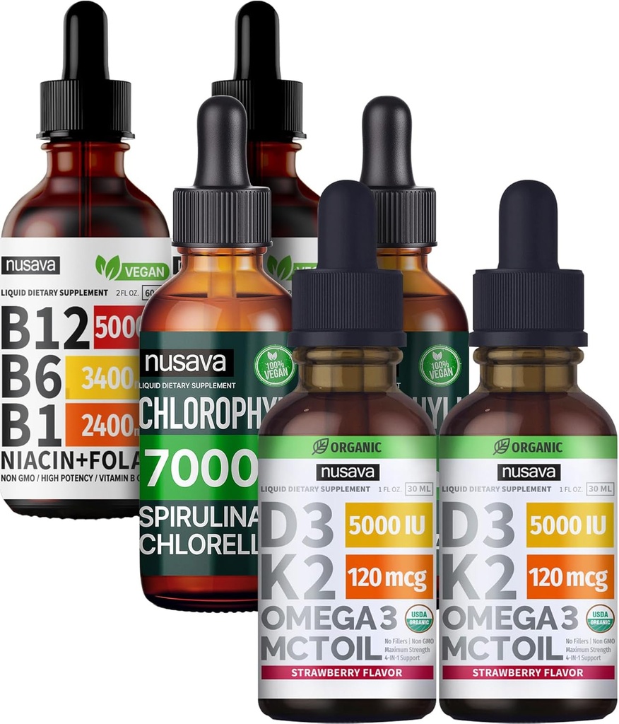 NUSAVA 딸기 맛 D3 K2, Chlorophyll, & 비타민 B12 액체 드롭 번들 - 심장, 에너지, 두뇌 및 면역 지원을위한 강력한 액체 비타민 - 비 GMO, 글루텐 프리, 2pk 각각