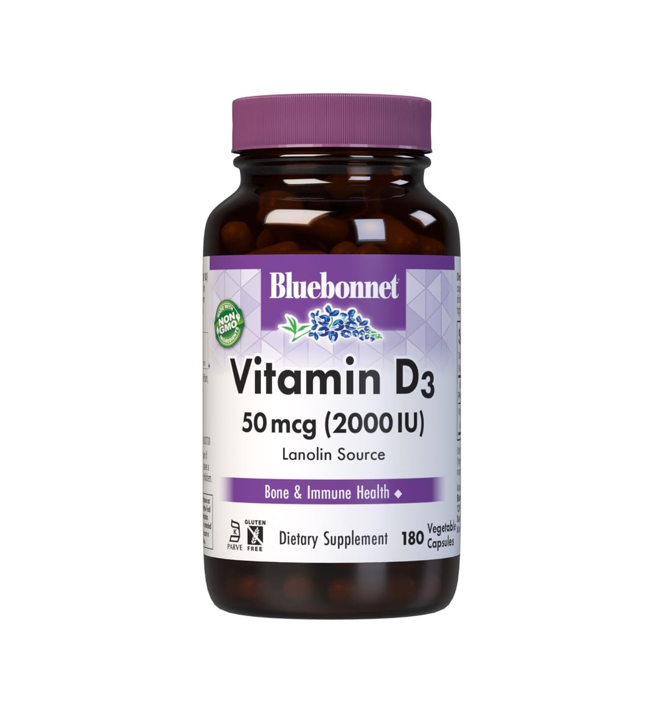 Bluebonnet 영양 비타민 D3 2000 IU 야채 캡슐, 근육과 골격 성장, Lanolin, D3, 비 GMO, 글루텐 무료, 콩 무료, 우유 무료, 코셔, 180 식물성 캡슐에서 Cholecalciferol