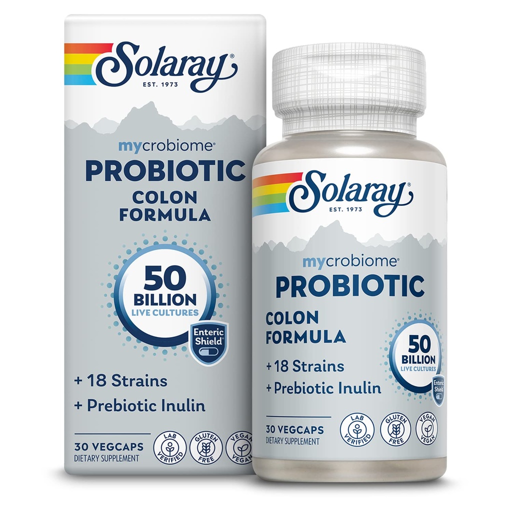 SOLARAY Mycrobiome Probiotic Colon Formula, Vegan, Digestive Function, Colon Health, Immune System Support, 50 Billion CFU, 18 Strains, Prebiotic Inulin, 60 일 보증, 30 서빙, 30 VegCaps