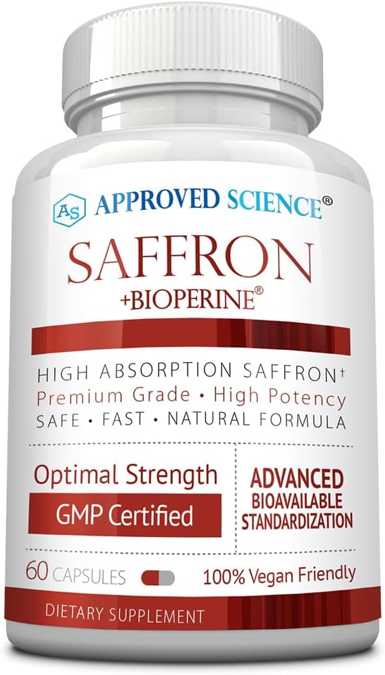 승인 된 과학 ® Saffron 3 % Crocin, 2 % Safranal - 높은 흡수 BioPerine - Vegan, 60 캡슐 - 1 팩