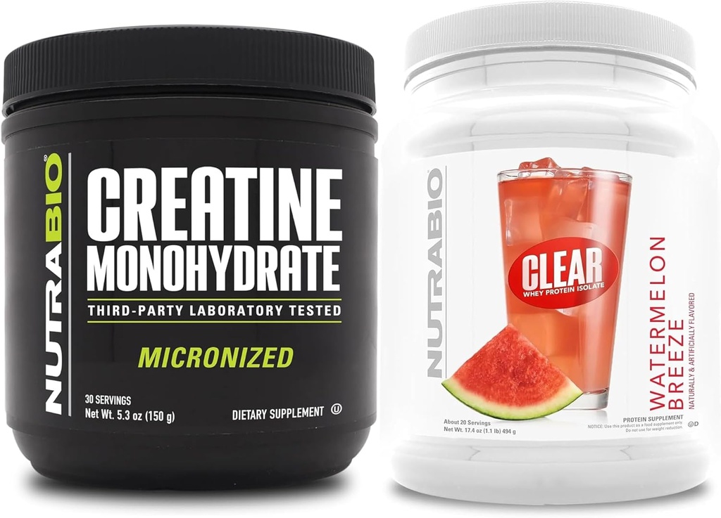 NutraBio Creatine Monohydrate, Unflavored, (150 g) 및 Clear Whey Protein Isolate, (Watermelon Breeze) 보충 번들 - 근육 에너지, 최대 성장, 회복 및 힘
