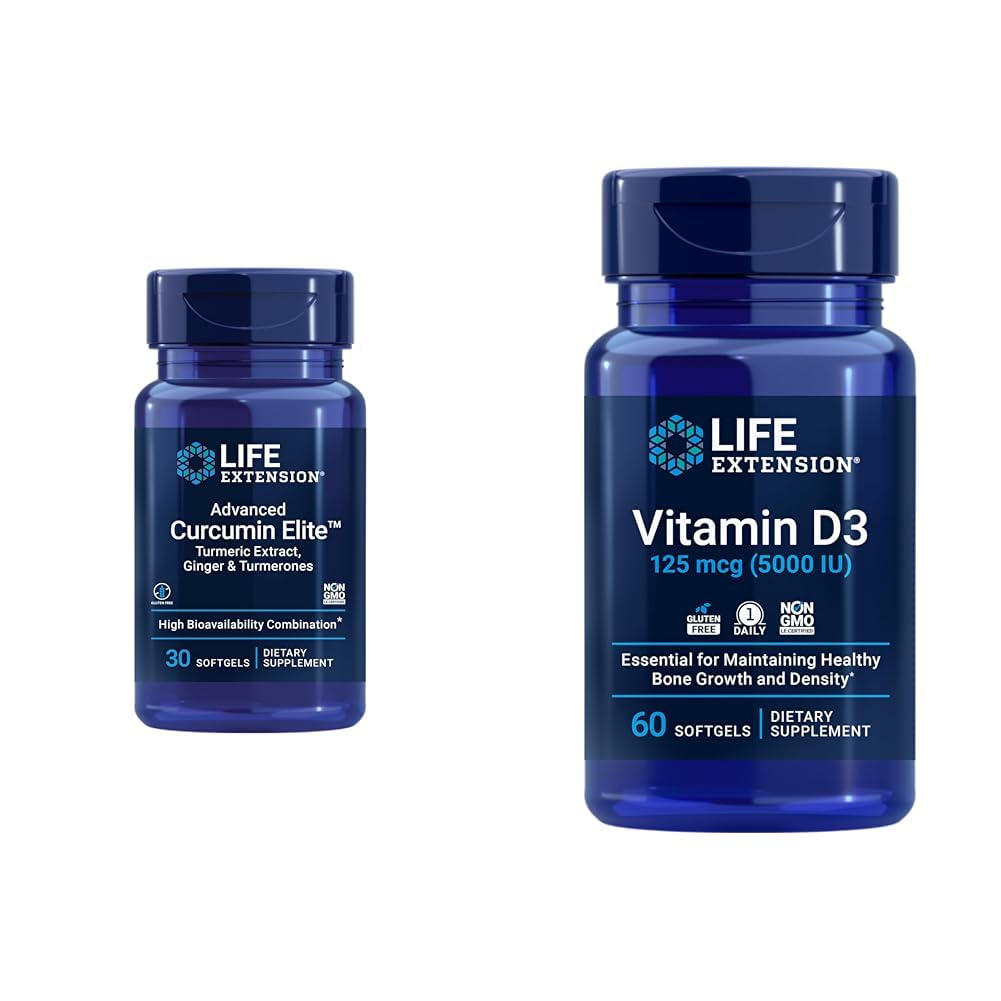 수명 연장 쿠르쿠민 엘리트 심황 생강 추출물 & 비타민 D3 5000 IU Softgels - 건강한 염증 면역 반응 및 뼈 뇌 건강 - 30 & 60 조사