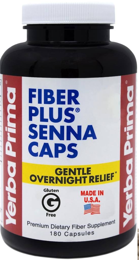 Yerba Prima Fiber Plus Senna Capsules, 180 Count - Gentle Overnight Relief, USA Made, Non-GMO, 글루텐 프리