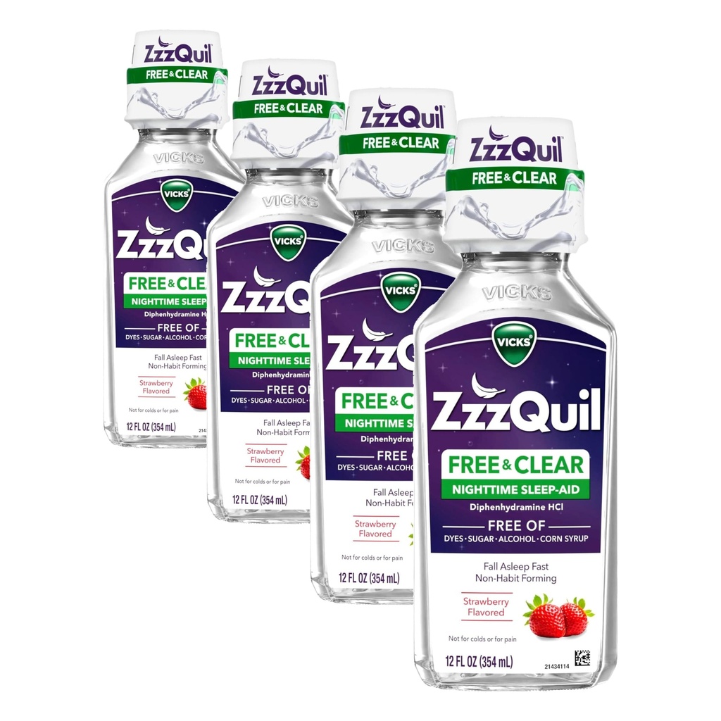 ZzzQuil, 야간 수면 보조 액체, 알코올 및 인공 염료의 무료, 50 mg Diphenhydramine HCl, No1 수면 보조 브랜드, 가을 Asleep Fast, Non-Habit Forming, Soothing Berry 풍미, 12 FL OZ (포장 4)