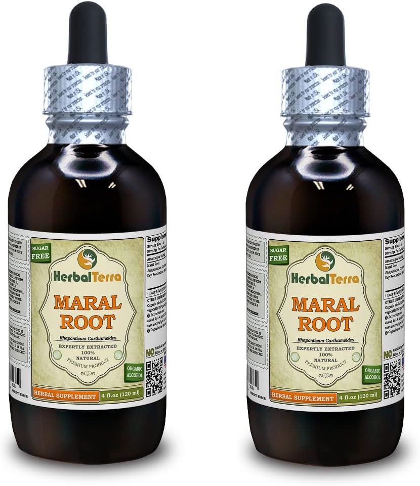 마랄 루트 (Rhaponticum Carthamoides) Tincture, 유기 건조 뿌리 액체 추출 (브랜드 이름: HerbalTerra, Proudly Made in USA) 2x4 fl.oz (2x120 ml)