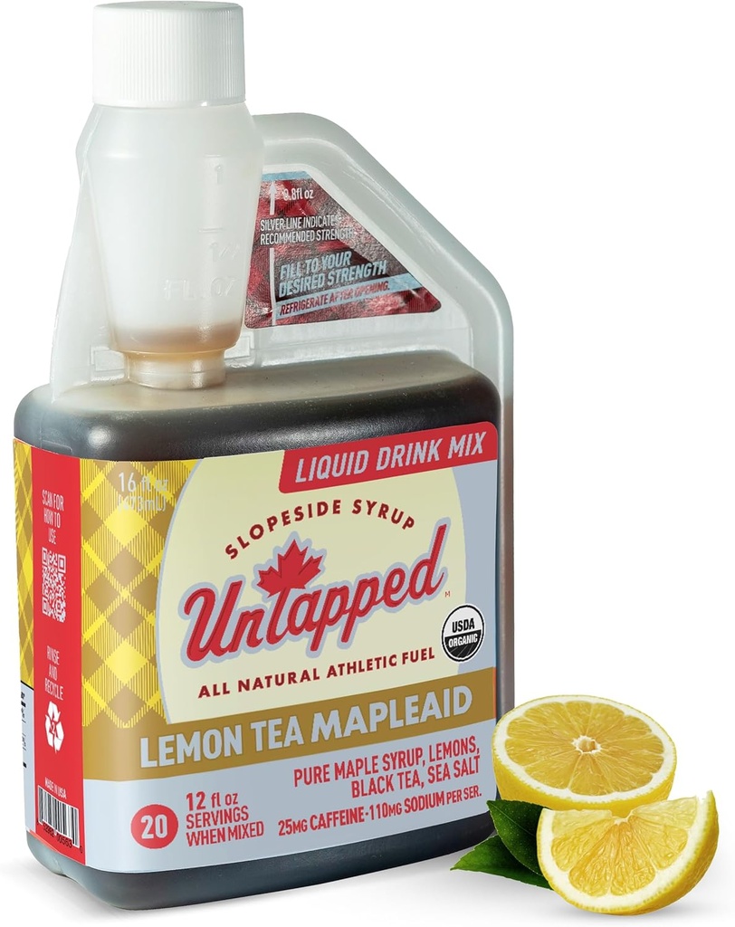 Untapped Lemon Tea Mapleaid - 20 서빙 16 fl oz Bulk Bottle Organic Maple Syrup, Lemon Juice & Black Tea Running Fuel Energizing Electrolytes & Caffeine Naturally Powered by Pure Vermont Maple