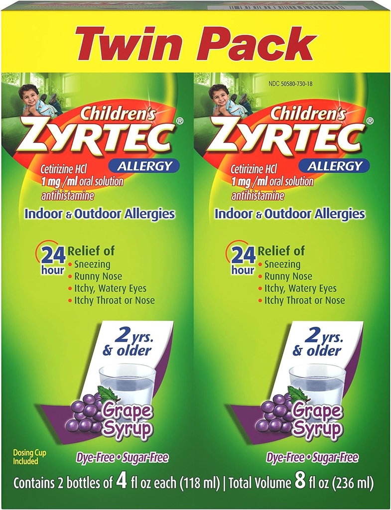Zyrtec 24 Hr 어린이 Allergy Syrup with Cetirizine, Sugar-Free Grape, 4 fl. oz의 트윈 팩