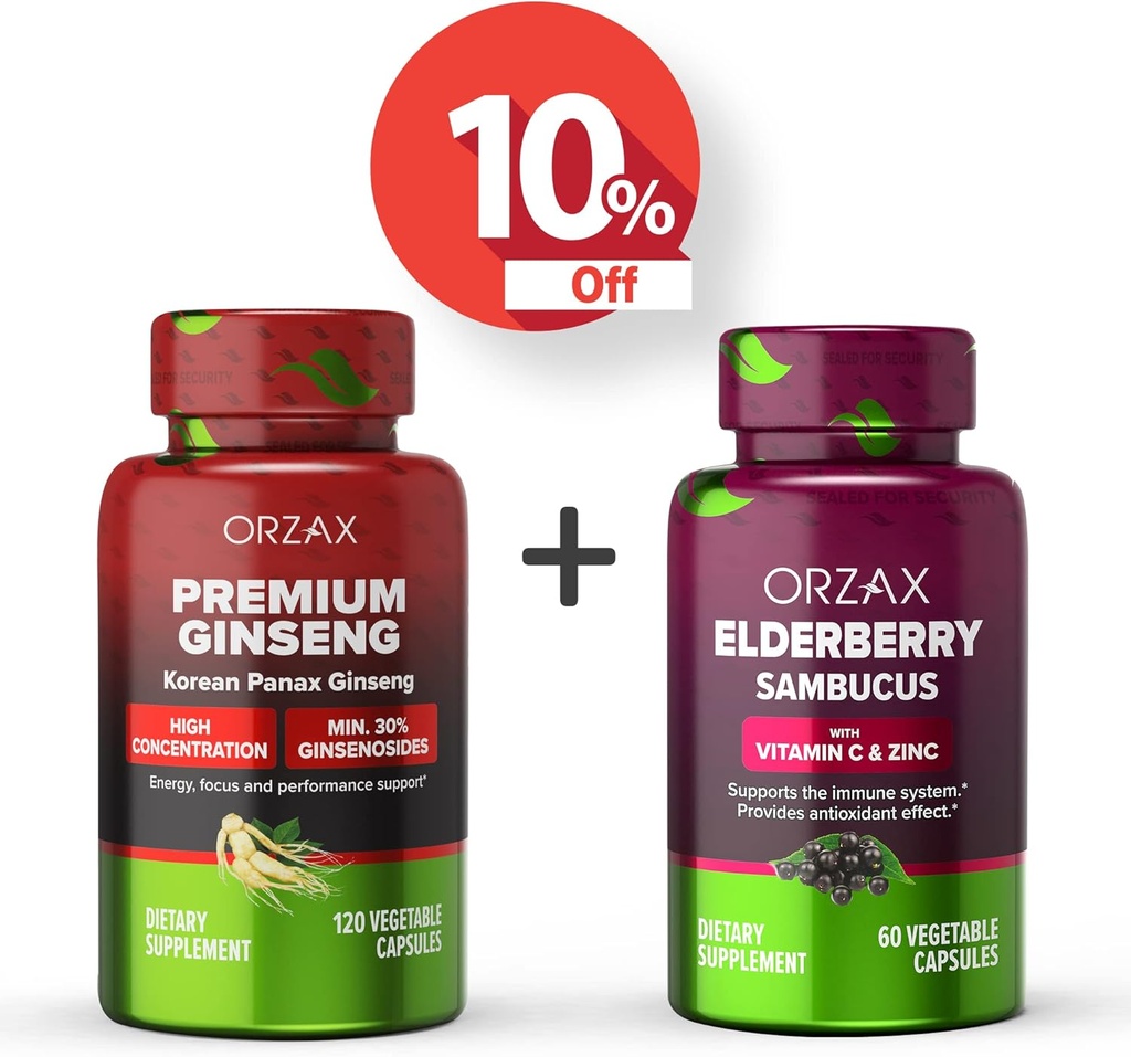 ORZAX 인삼, 30 % 인삼, 프리미엄 120 야채 캡슐 및 엘더 베리 캡슐, 2000mg 60 식물성 캡슐, 번들