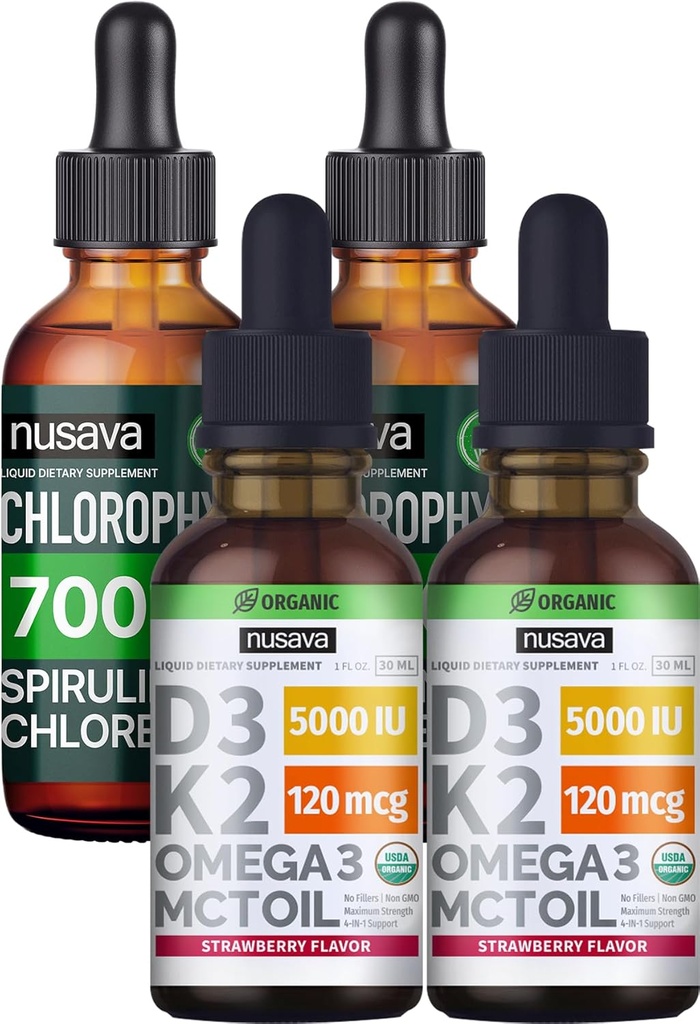NUSAVA 딸기 맛 D3 K2 드롭 및 Chlorophyll 액체 드롭 번들 - 심장, 관절, 에너지 및 면역 지원을위한 강력한 액체 비타민 - 비 GMO, 글루텐 - 무료, 2pk 각각