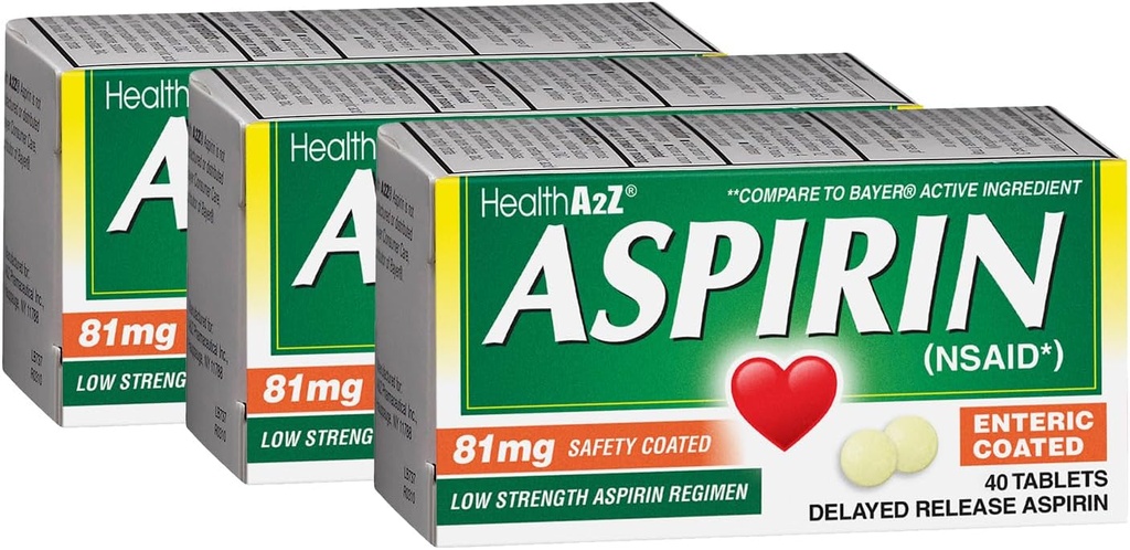 HealthA2Z® Aspirin 81 mg | 저강도 | Enteric coated | Pain Relief | 미노 체 근육 통증 및 주름 | Fever Reducer | 흡진기 감소 Headache (40 Counts)